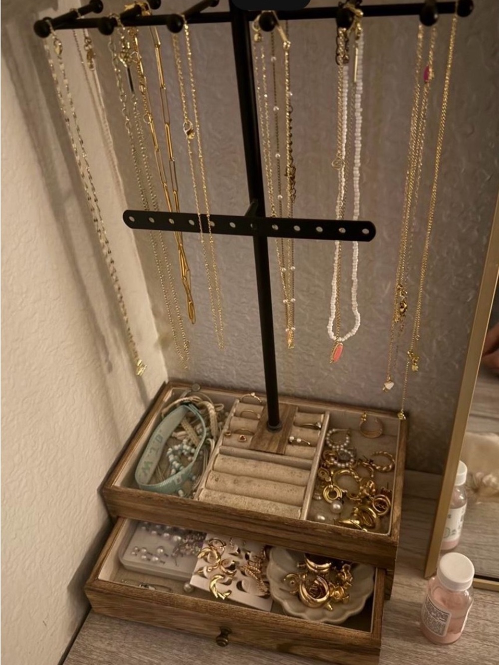 Wood Jewelry Organizer Tower with Black Metal Stand - Brown and Cream